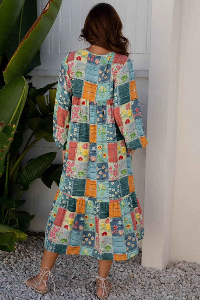 Floral Checkered Pattern Bubble Sleeve Ruffle Hem Dress - Dresses/Maxi Dresses