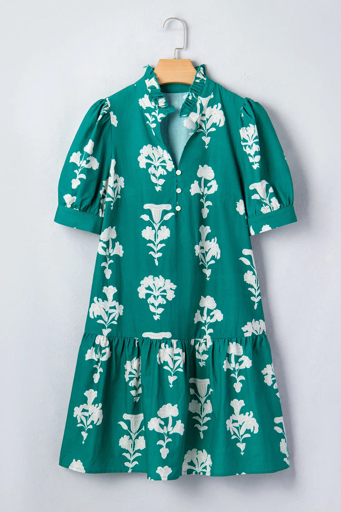 Floral Frill V-Neck Puff Sleeve Drop Waist Mini Dress