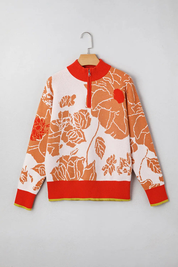 Floral Half Zip Collared Pullover Sweater - Khaki / S - Sweaters & Cardigans/Sweaters