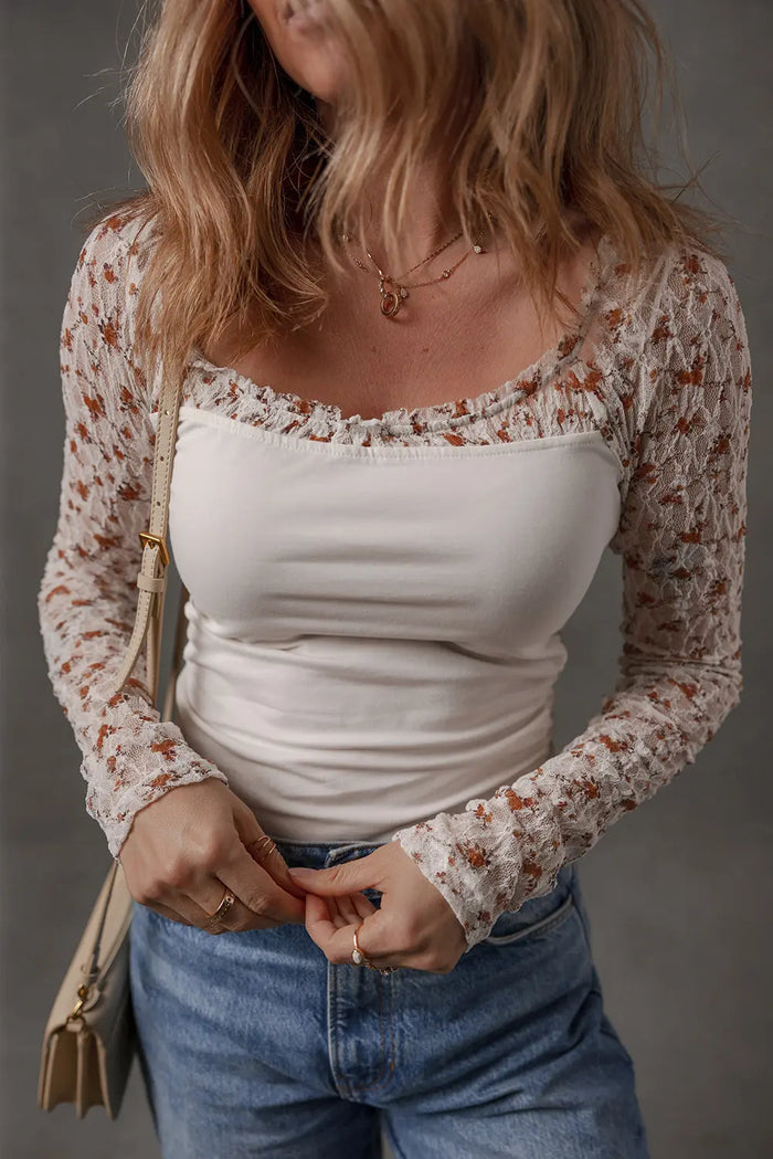 Floral Lace Patchwork Square Neck Long Sleeve Top - Tops/Long Tops