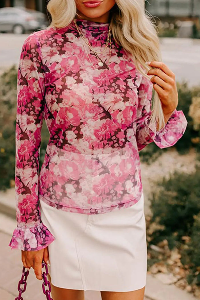 Floral Mesh Flounce Sleeve Mock Neck Blouse - Pink / S - Occasionwear/party tops