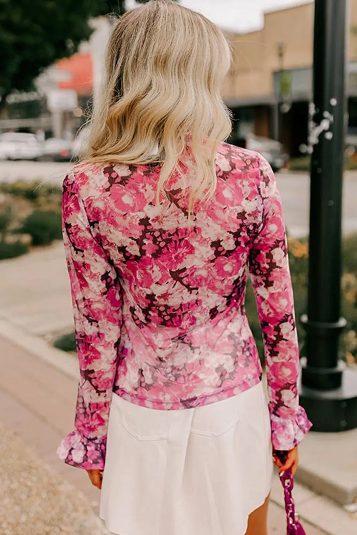 Floral Mesh Flounce Sleeve Mock Neck Blouse - Occasionwear/party tops