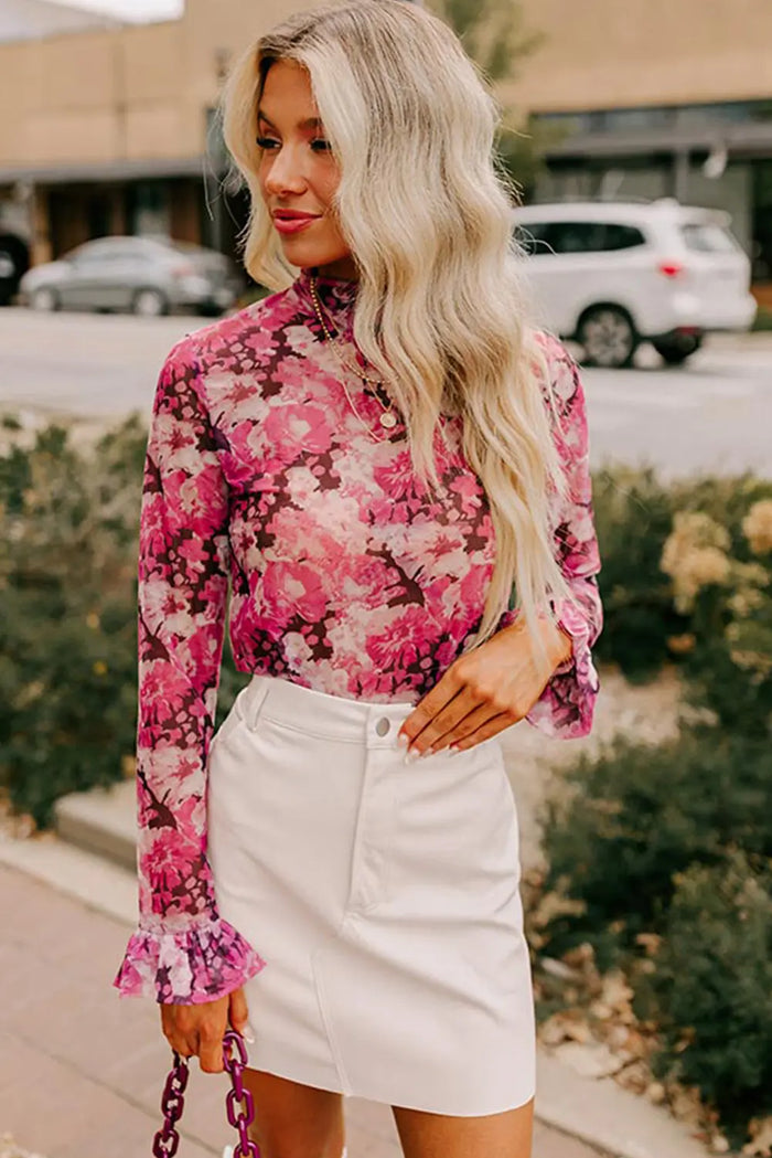 Floral Mesh Flounce Sleeve Mock Neck Blouse - Occasionwear/party tops