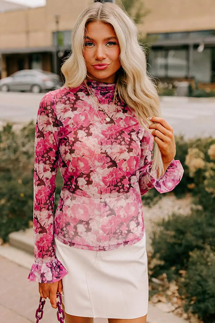 Floral Mesh Flounce Sleeve Mock Neck Blouse - Occasionwear/party tops
