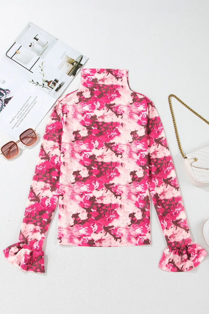 Floral Mesh Flounce Sleeve Mock Neck Blouse - Occasionwear/party tops