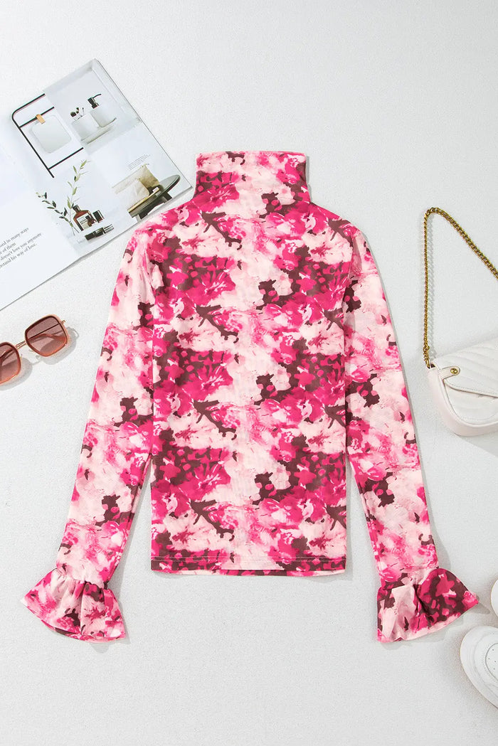 Floral Mesh Flounce Sleeve Mock Neck Blouse - Occasionwear/party tops