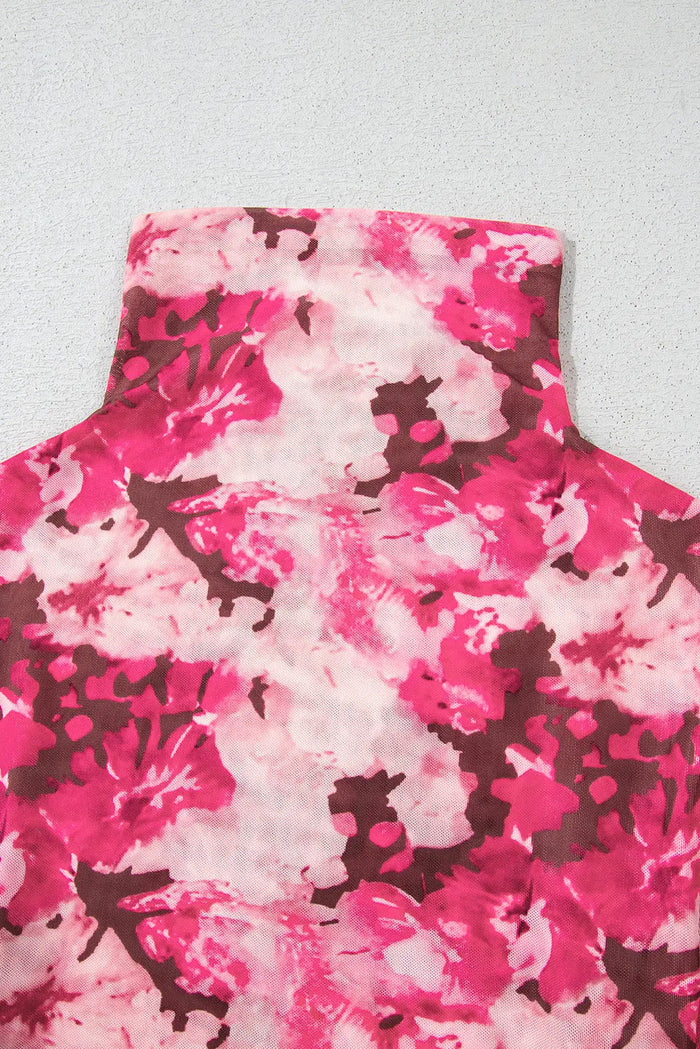 Floral Mesh Flounce Sleeve Mock Neck Blouse - Occasionwear/party tops