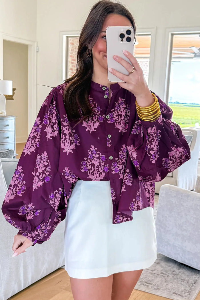 Floral Print Button Front Long Puff Sleeve Shirt – Purple