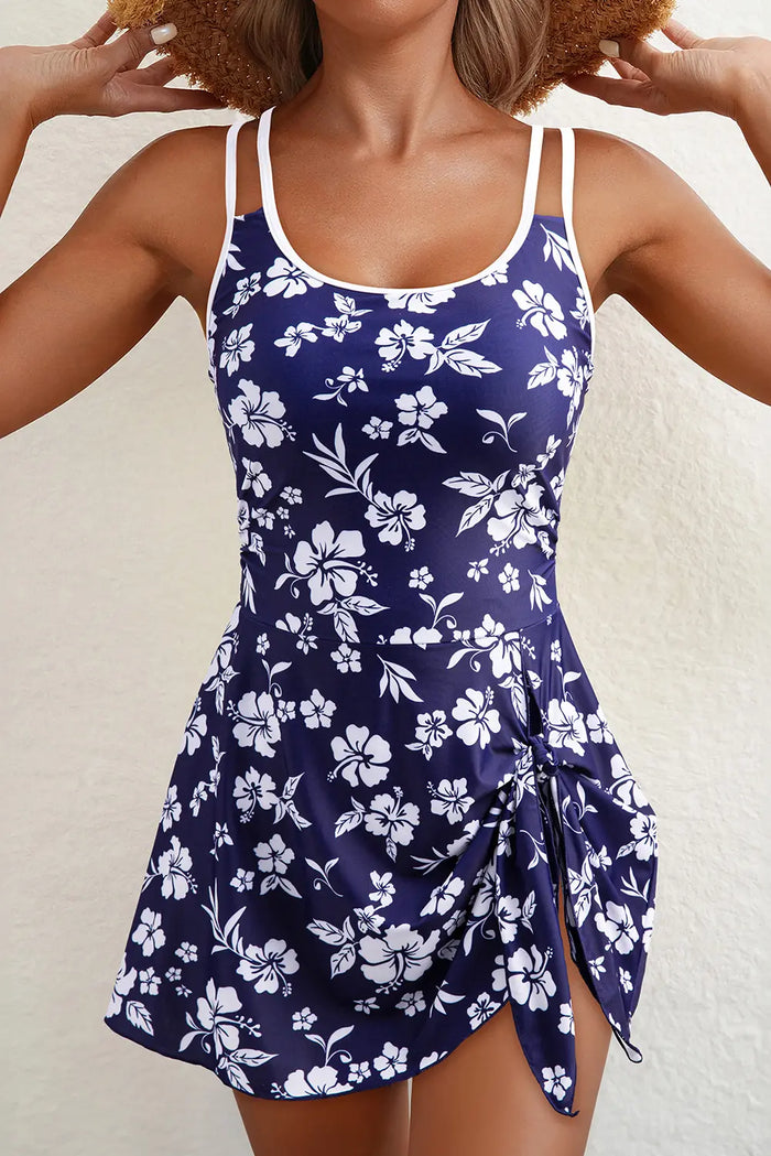 Floral Print Crossed Back Asymmetric Knot Side One-Piece Swimsuit