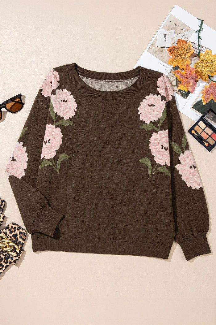 Floral Print Drop Shoulder Relaxed Pullover Sweater – Dark Brown