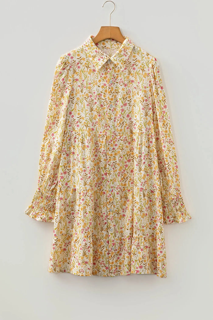 Floral Print Frilly Trim Smocked Cuff Long Sleeve Loose Shirt Dress - Dresses/Mini Dresses