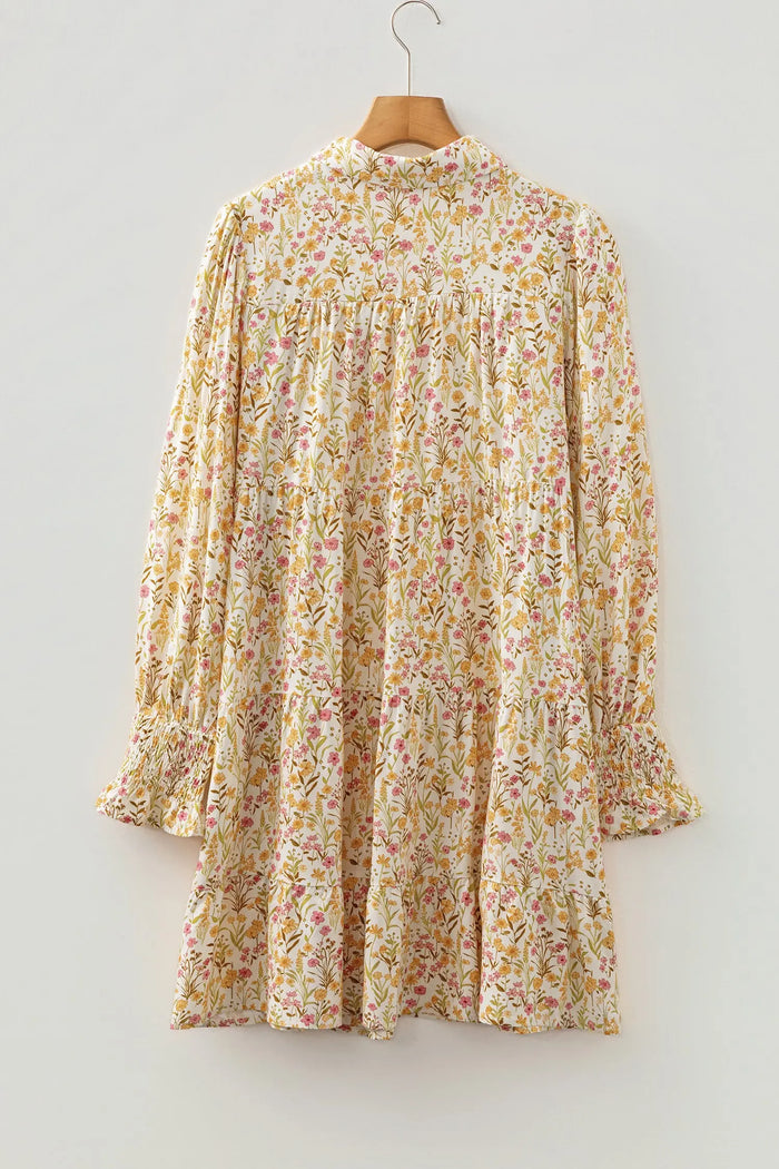 Floral Print Frilly Trim Smocked Cuff Long Sleeve Loose Shirt Dress - Dresses/Mini Dresses