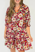 Floral Print Half Sleeve Short Shift Dress – Red
