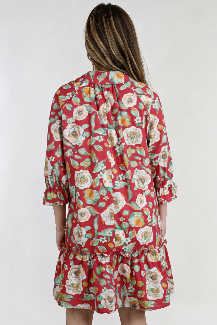 Floral Print Half Sleeve Short Shift Dress – Red