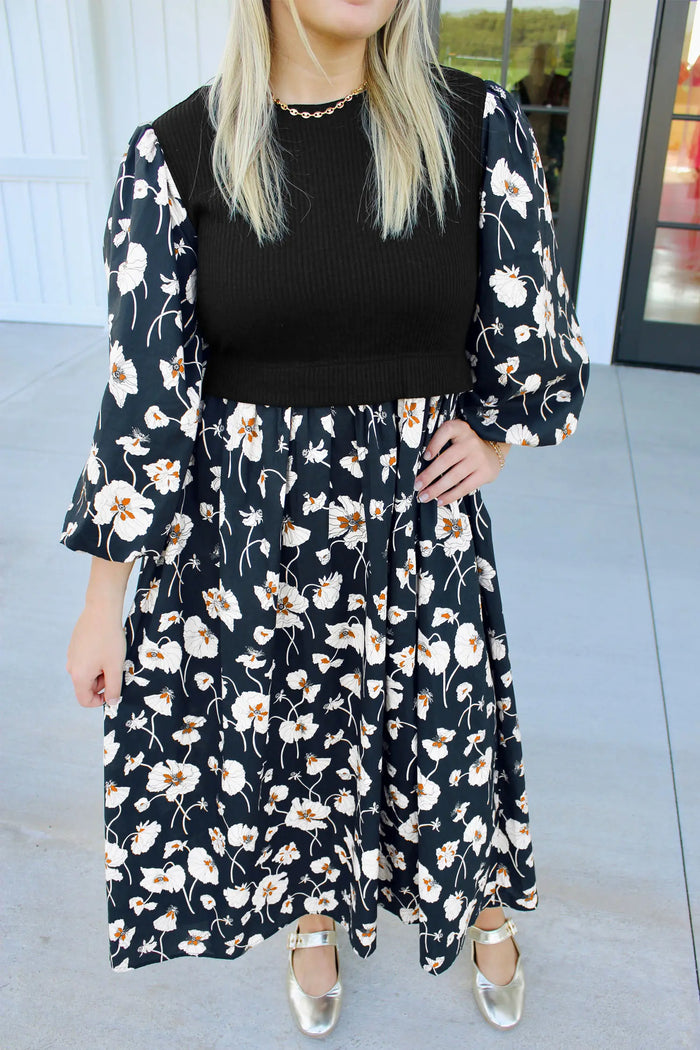 Floral Print Long Sleeve Round Neck Shift Plus Size Dress – Black
