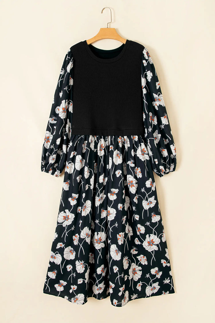 Floral Print Long Sleeve Round Neck Shift Plus Size Dress – Black
