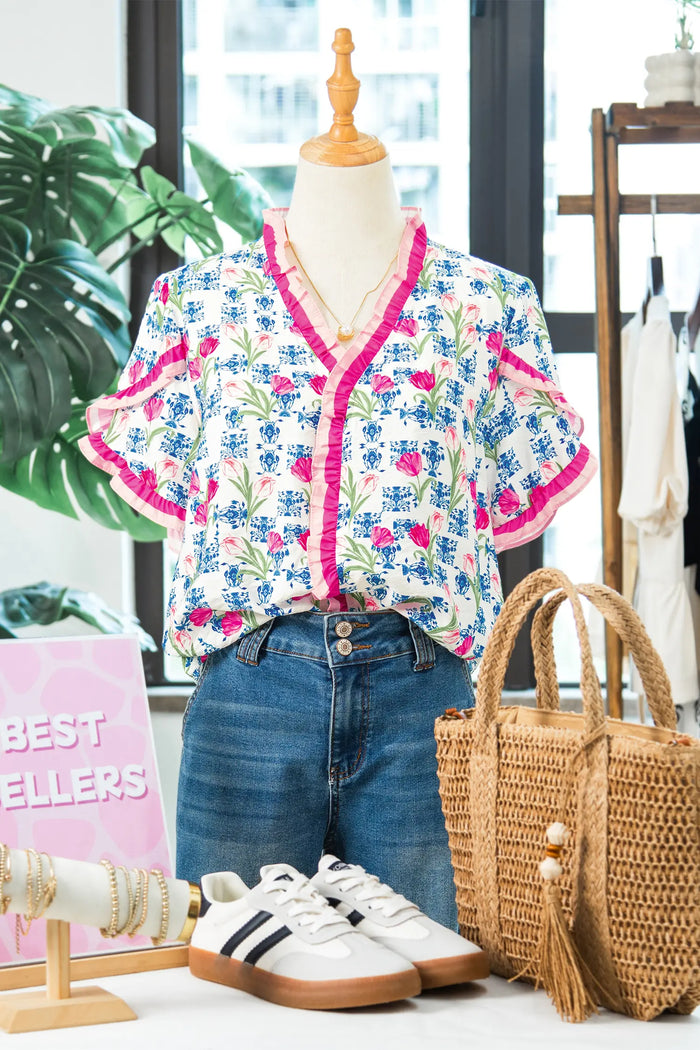 Floral Print Ruffle V-Neck Short Sleeve Loose Tunic Shirt – Rose