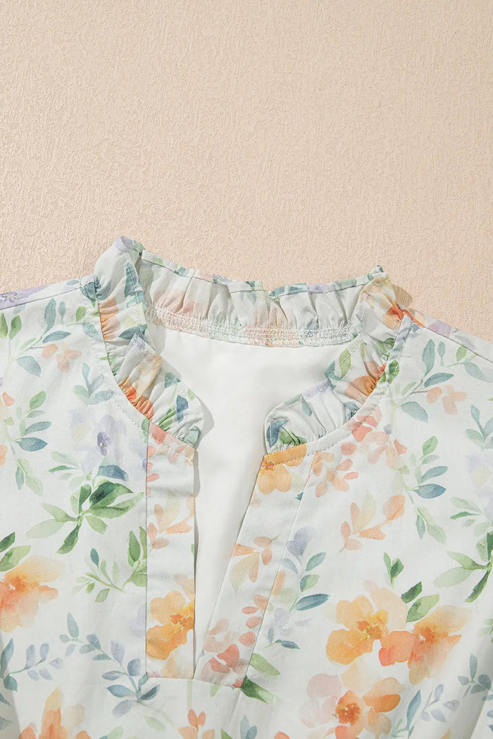 Beige Floral Print Shirred High Waist Puff Sleeve Mini Dress - Dresses/Floral Dresses