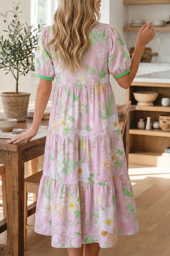Floral Print Short Puff Sleeve High Waist Tiered Maxi Dress – Pink