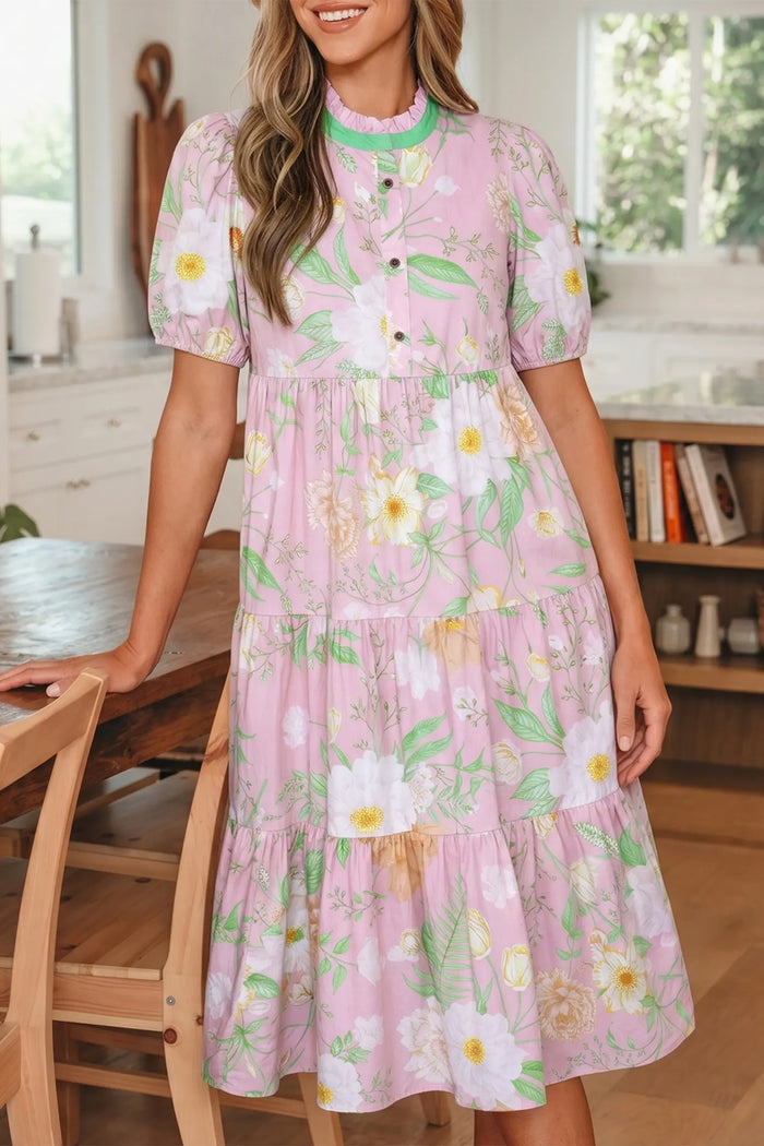 Floral Print Short Puff Sleeve High Waist Tiered Maxi Dress – Pink