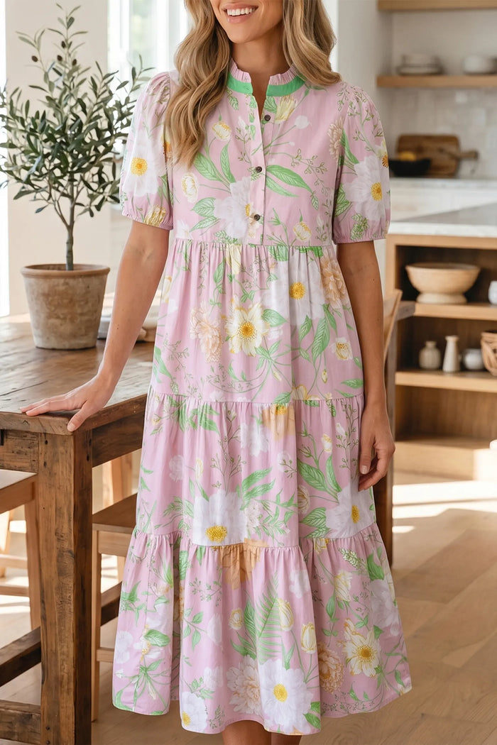 Floral Print Short Puff Sleeve High Waist Tiered Maxi Dress – Pink