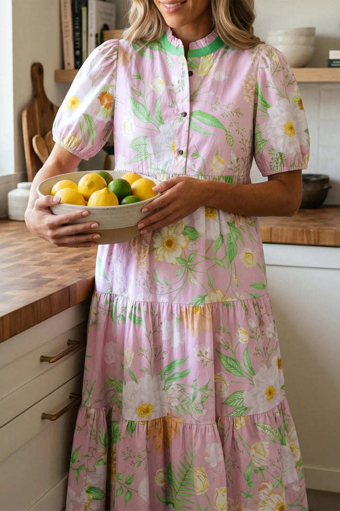 Floral Print Short Puff Sleeve High Waist Tiered Maxi Dress – Pink