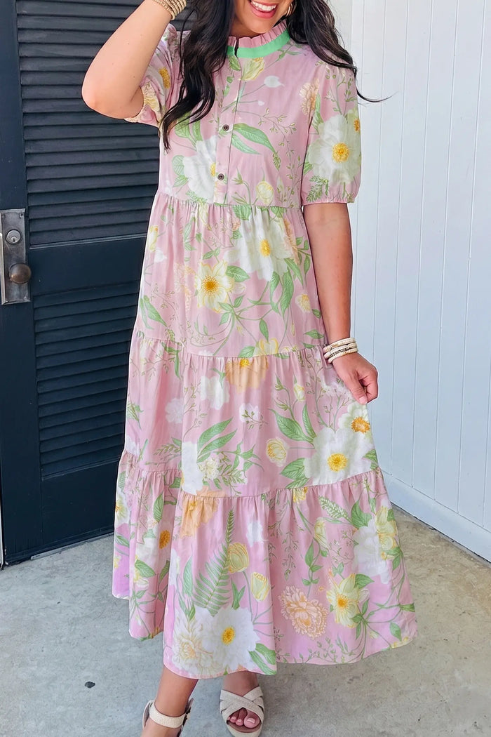 Floral Print Short Puff Sleeve High Waist Tiered Maxi Dress – Pink