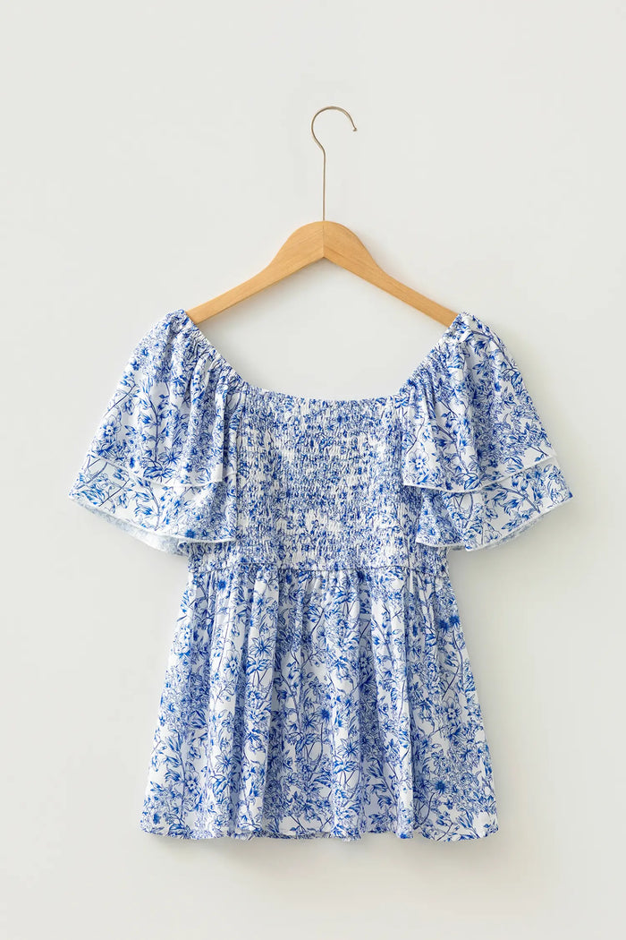Floral Print Square Neck Ruffled Sleeve Shirred Babydoll Blouse – Sky Blue