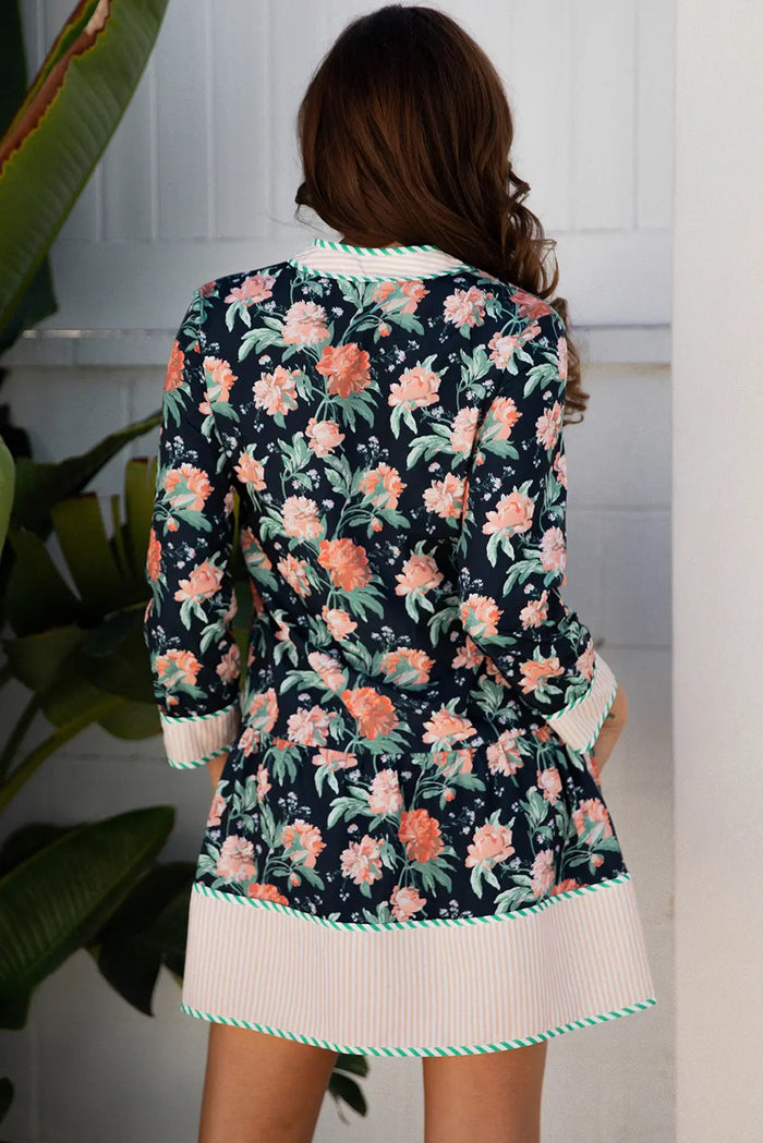 Floral Print Striped Trim V-Neck Long Sleeve Ruffle Hem Shift Mini Dress - Dresses/Floral Dresses