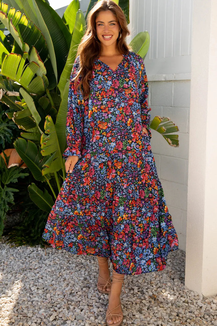 Floral Print Tassel Tie V-Neck Long Sleeve Flowy Dress - Blue / S - Dresses/Maxi Dresses