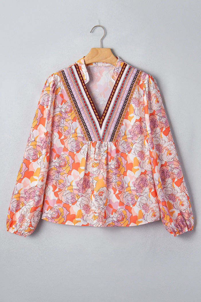 Floral Print V Neck Long Sleeve Shift Blouse – Pink