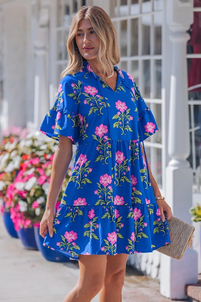 Floral Print V-Neck Ruffle Sleeve Loose Mini Dress