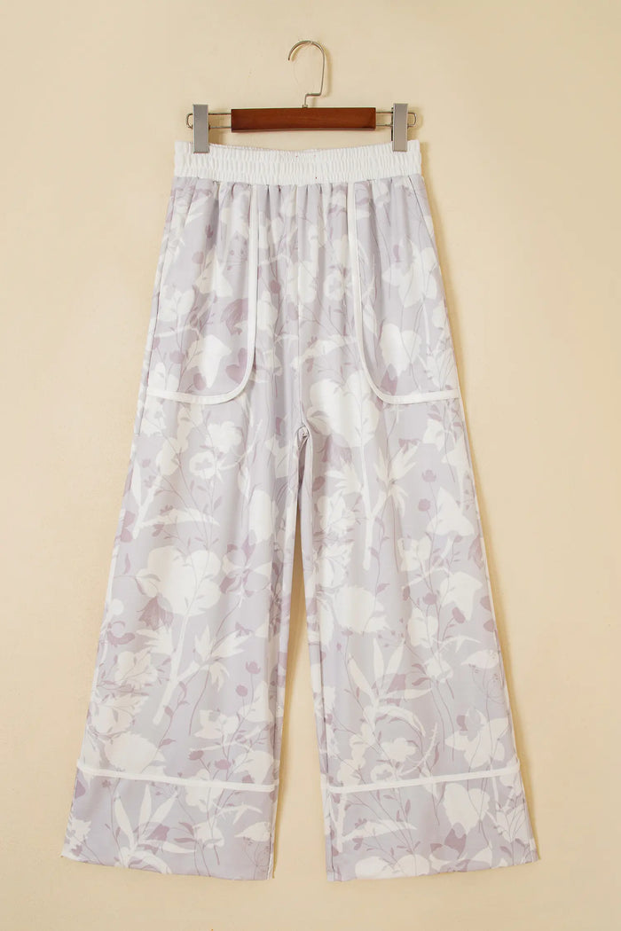 Floral Print Wide Leg Ankle-Length Elastic Waistband Pants – Gray