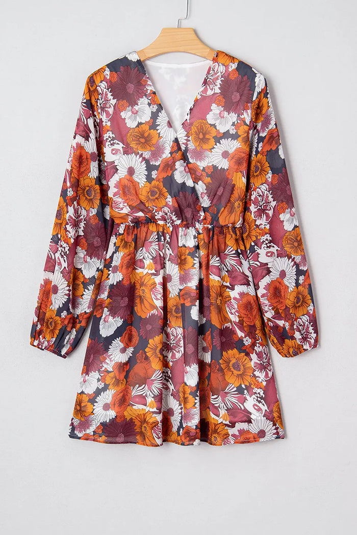 Floral Print Wrap V-Neck Puff Sleeve Flowy Mini Dress - Dresses/Floral Dresses