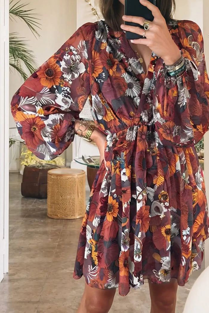 Floral Print Wrap V-Neck Puff Sleeve Flowy Mini Dress - Dresses/Floral Dresses