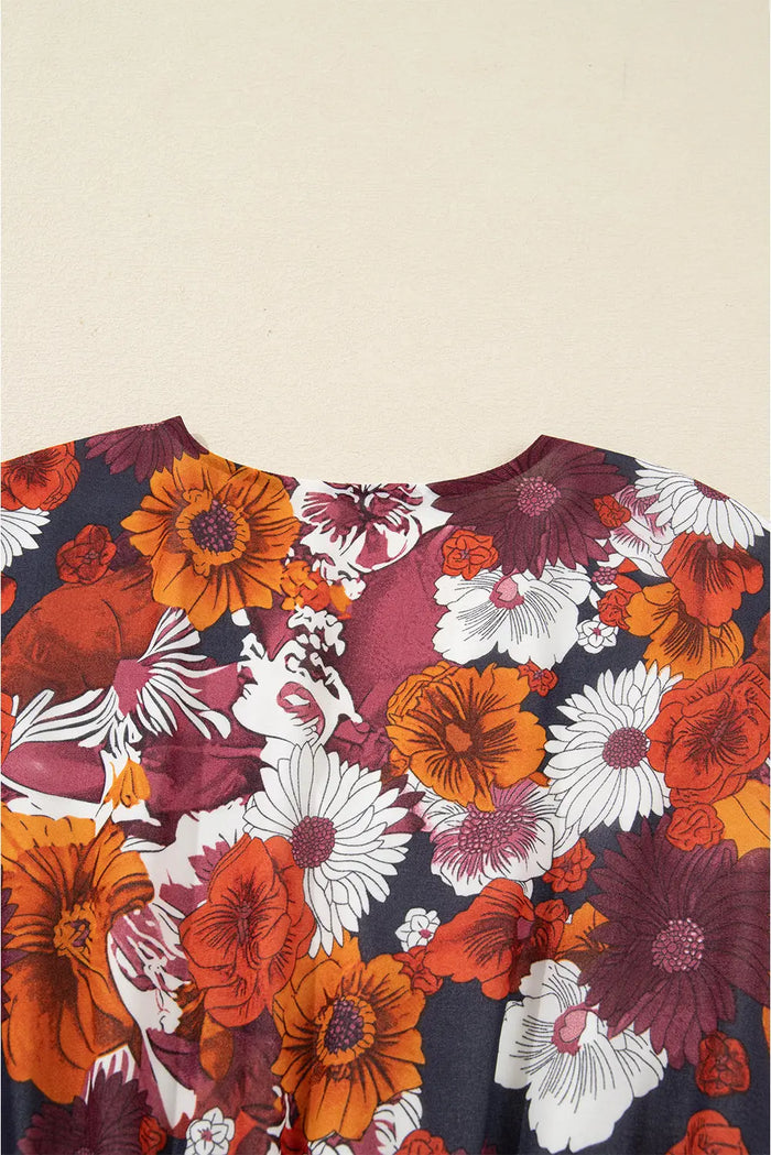 Floral Print Wrap V-Neck Puff Sleeve Flowy Mini Dress - Dresses/Floral Dresses