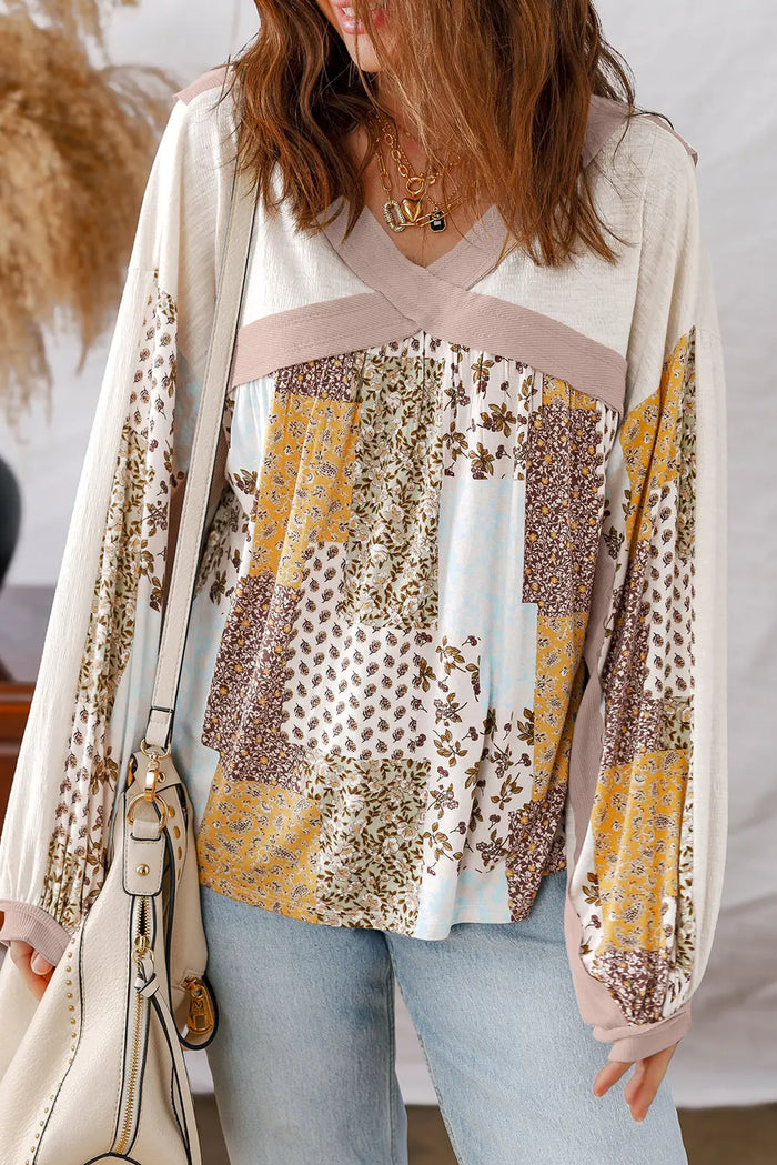 Floral Printed Contrast Patchwork Long Sleeve Top - White / S - Tops/Long Tops
