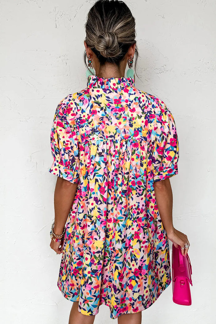 Pink Floral Puff Short Sleeve V Neck Mini Dress - Dresses/Floral Dresses
