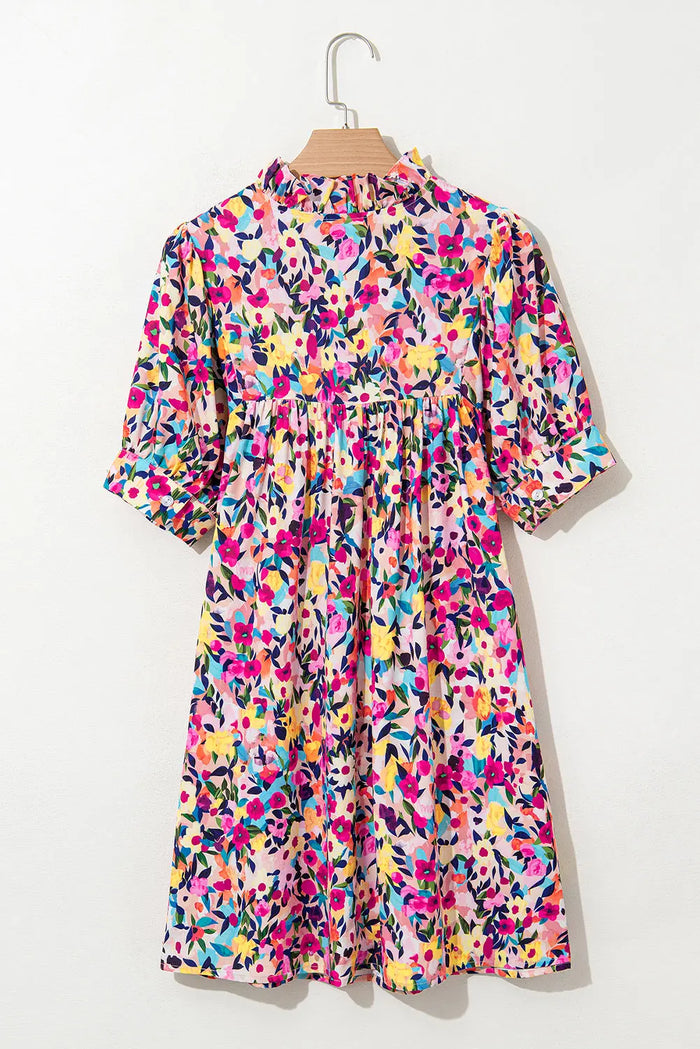 Pink Floral Puff Short Sleeve V Neck Mini Dress - Dresses/Floral Dresses