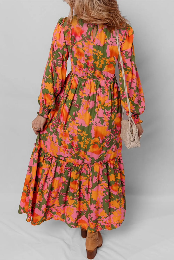Floral Puff Sleeve Smocked Bodice Ruffled Long Dress - Dresses/Floral Dresses