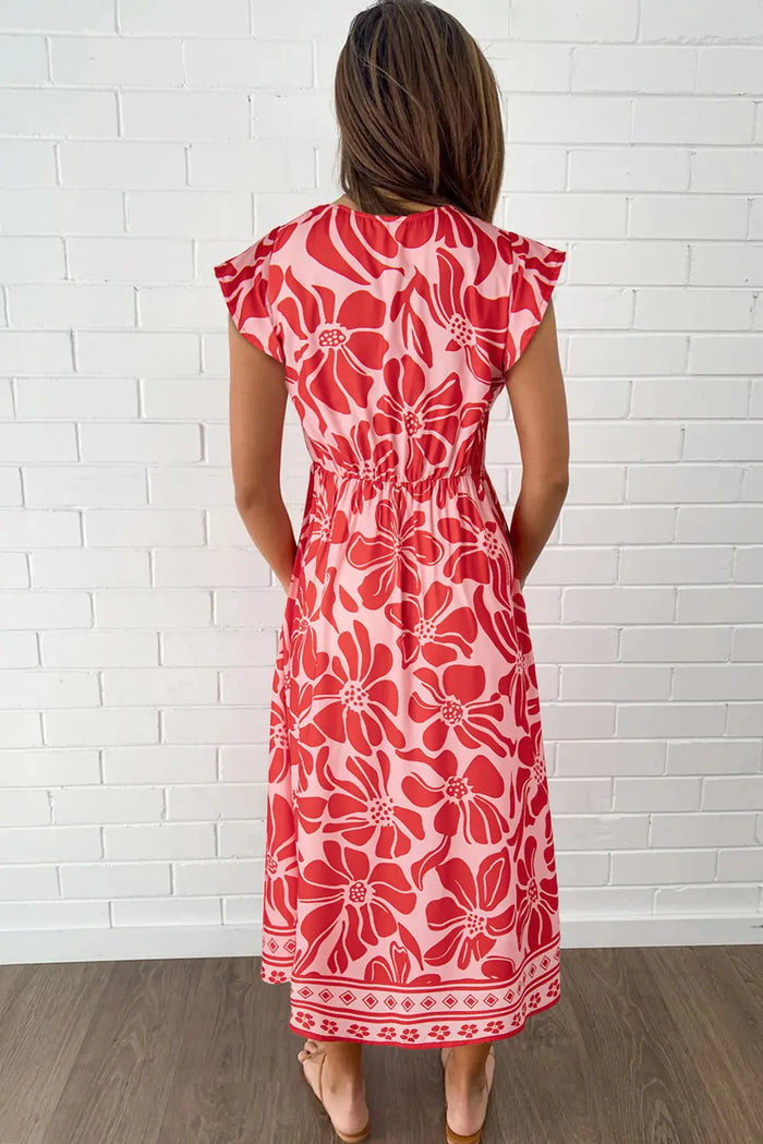 Floral Short Sleeve V-Neck Buttoned Shirred Waist Long Dress - Dresses/Floral Dresses