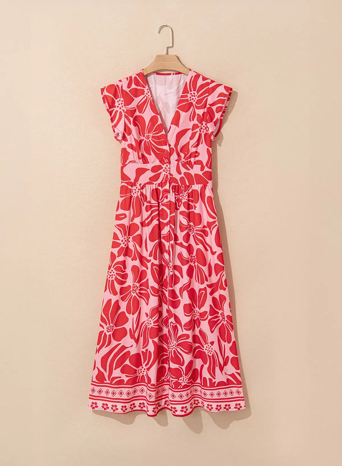 Floral Short Sleeve V-Neck Buttoned Shirred Waist Long Dress - Dresses/Floral Dresses