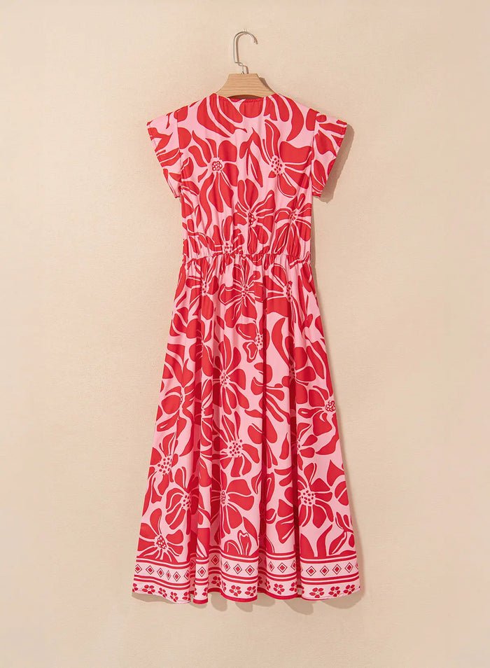 Floral Short Sleeve V-Neck Buttoned Shirred Waist Long Dress - Dresses/Floral Dresses