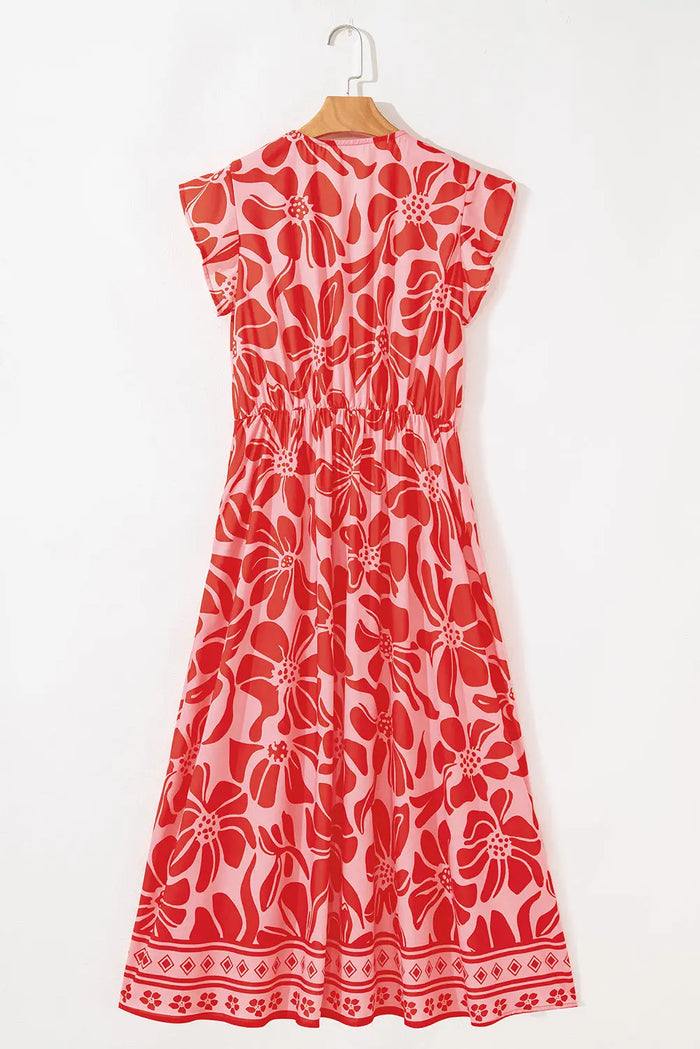 Floral Short Sleeve V-Neck Buttoned Shirred Waist Long Dress - Dresses/Floral Dresses