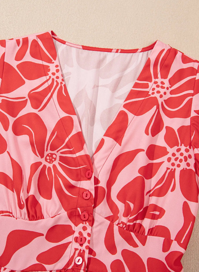 Floral Short Sleeve V-Neck Buttoned Shirred Waist Long Dress - Dresses/Floral Dresses