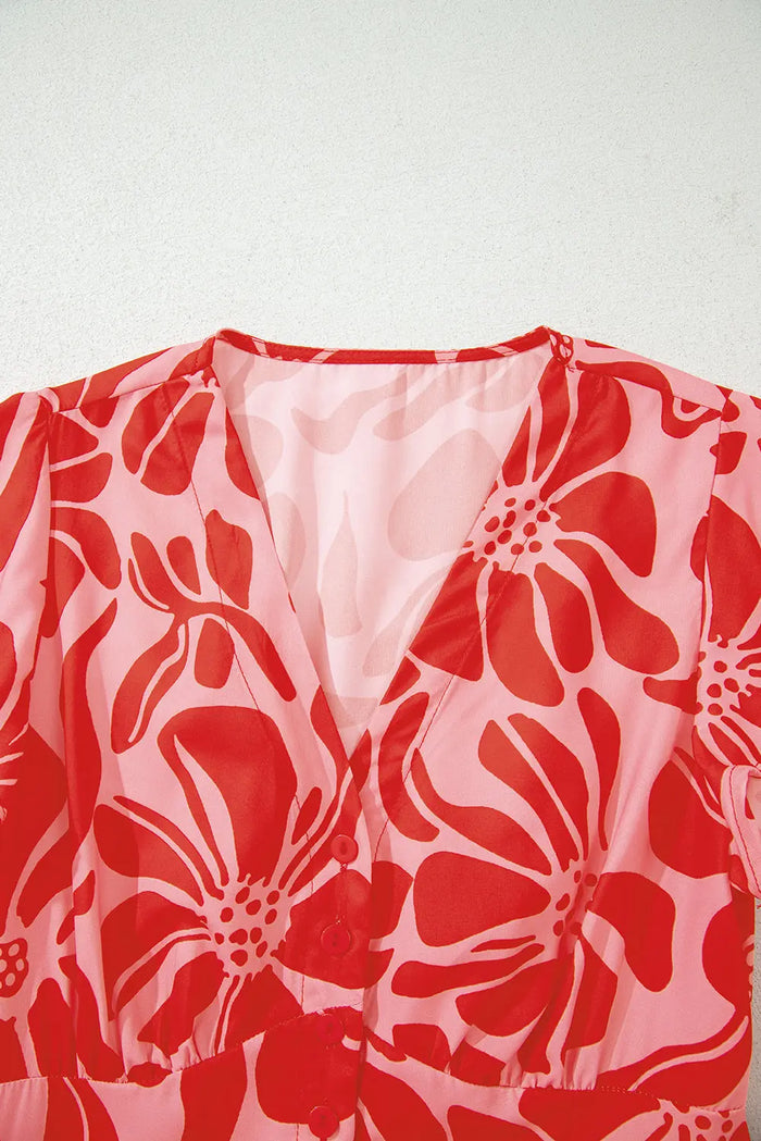 Floral Short Sleeve V-Neck Buttoned Shirred Waist Long Dress - Dresses/Floral Dresses