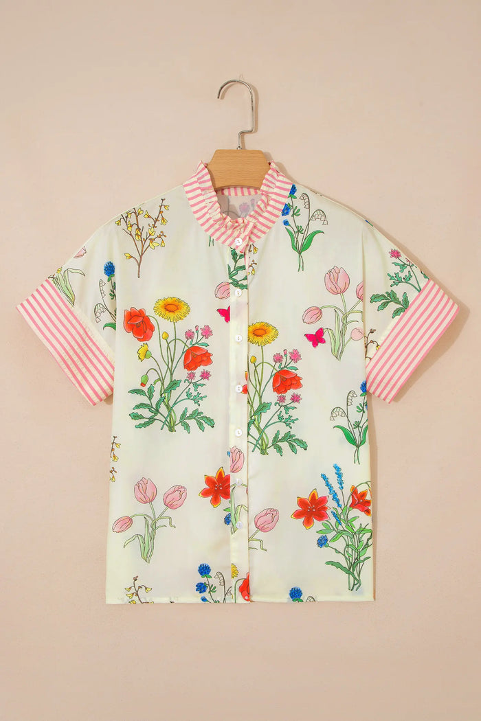 Floral Striped Patchwork Ruffled Collar Short Sleeve Shirt – Beige