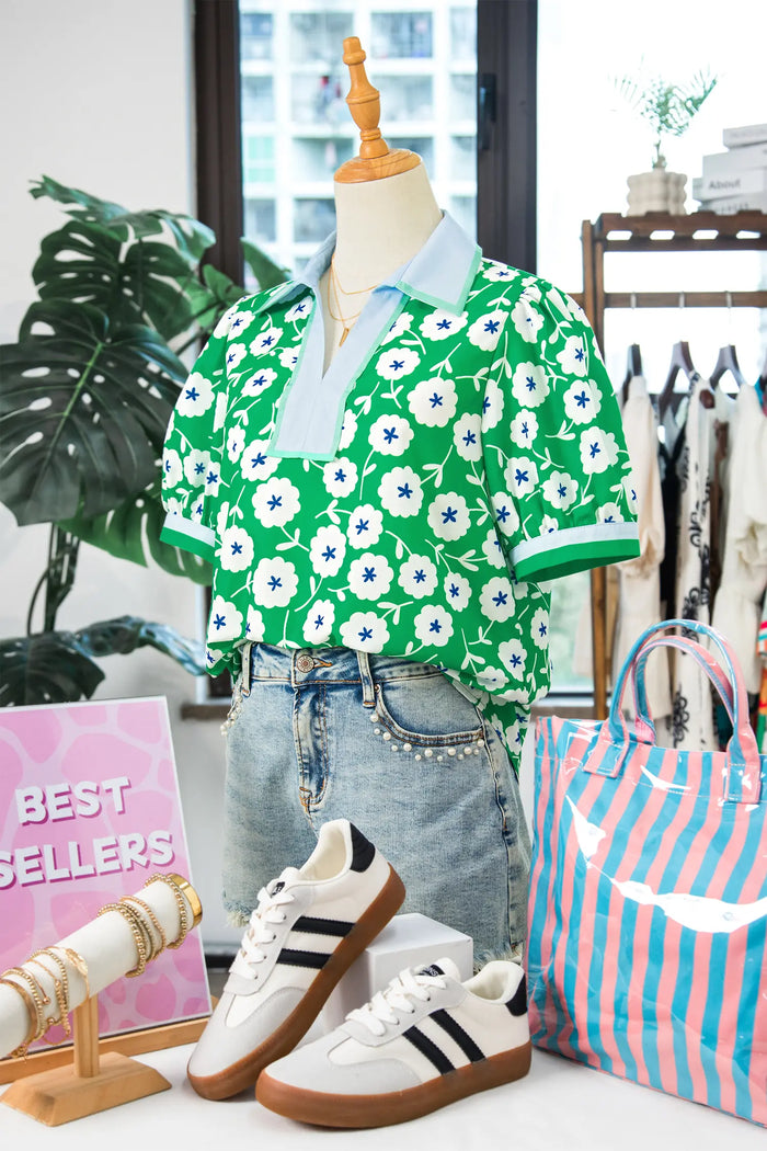 Flower Printed Contrast Patchwork Collar Short Sleeve Blouse – Green