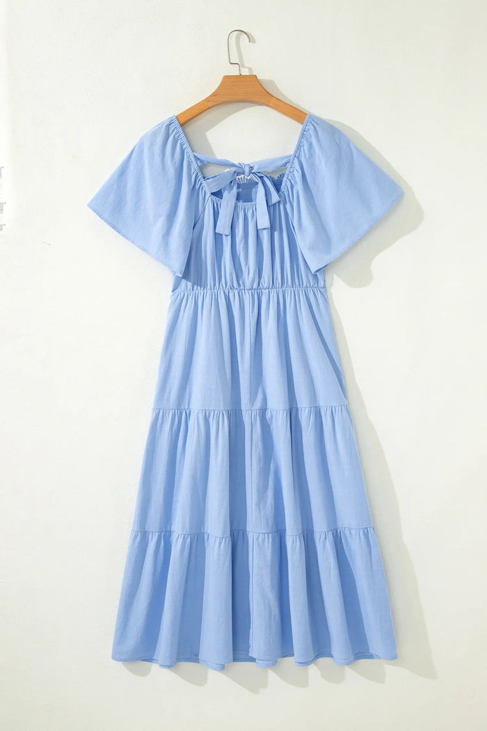 Flowy Short Sleeve Lace Detail Square Neck Tiered Midi Dress