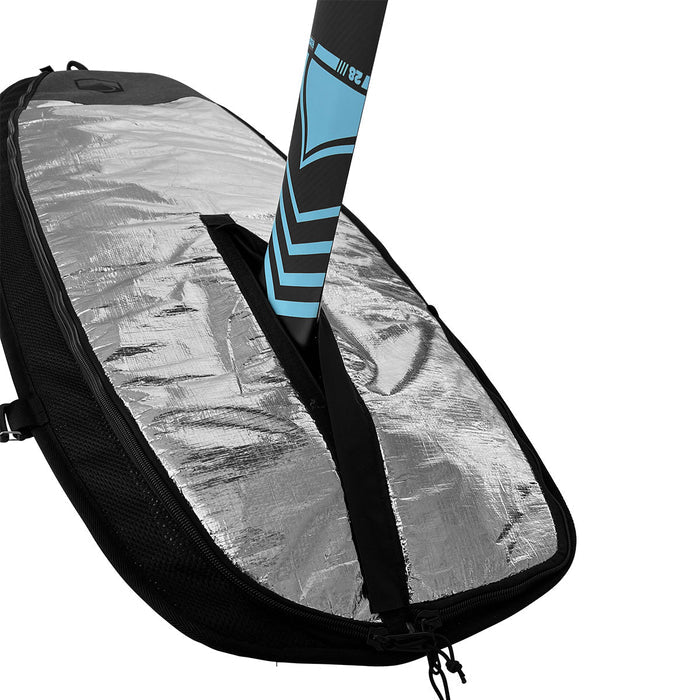 A partially open Foil Board Bag reveals a blue and black foil board with mounted hydrofoil inside.